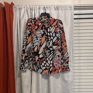 JODIFL Black Blouse with Coral, Peach & Cream Abstract Print